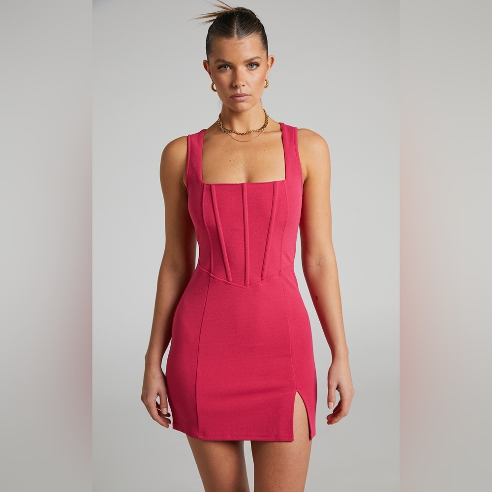 SHOWPO. ALEYNA MINI DRESS PANELLED CORSET SIDE SPLIT DRESS IN HOT PINK SIZE 8